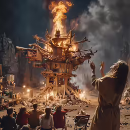 a crowd sits around a man in a brown robe who is lighting up something