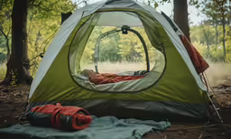 a tent with its bed inside in the woods