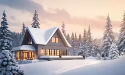 a very nice house surrounded by some snowy trees