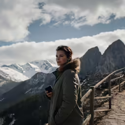 a woman is holding a cell phone while overlooking the mountains