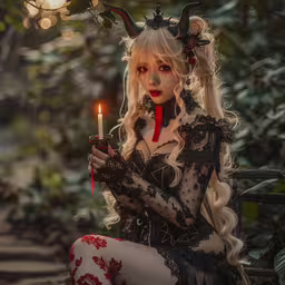 a blonde woman with horns sitting holding a candle,there is a woman with horns and makeup holding a candle