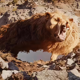 the dog is in the middle of the rocks and water