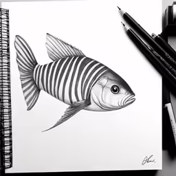 a penciled drawing of a fish