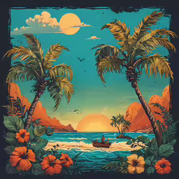 a painting of two people in a small boat on the ocean,a person rowing a boat on a body of water surrounded by palm trees