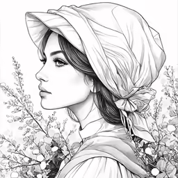 a woman wearing a hat and flowers is in a coloring book