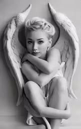a woman in white lingerie sitting on a white surface