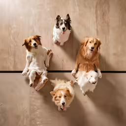four dogs sitting down on the floor, looking up