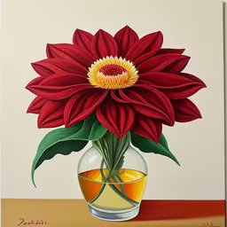 a painting of a large red flower and a small glass,a painting of a red flower is in a vase with oil,a painting of a large flower in a vase,a painting of a flower with a yellow center,a large flower is inside of a vase