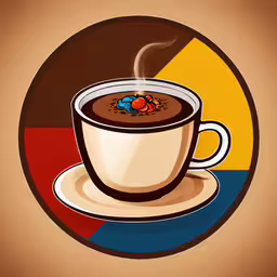 a cup of hot chocolate in front of an emblem,a cup of hot chocolate and cinnamon sitting on top of a plate
