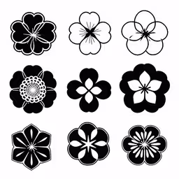black and white flower silhouettes set for use in graphic art,a flower with four petals in different colors