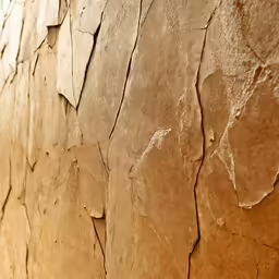 peeling, cracked wall paper with red and blue clock on it