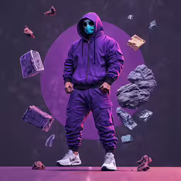 the man in purple is standing on top of the pile of papers,a man in a purple hooded suit standing in front of an image of a giant purple planet