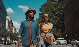 the man and woman are holding hands as they walk down the street