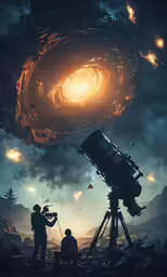two people with a telescope watching an object