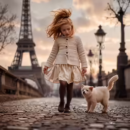 young girl walking with small dog down the cobblestone path in front of the eiffel tower
