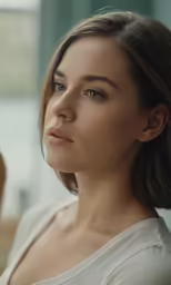 a close up of a woman with a serious look on her face
