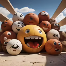 some balls with different faces on them stacked together