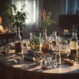 many glass bottles and glasses sit on a table