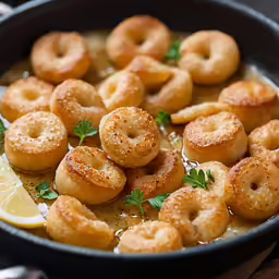 a dish with onion rings and some lemon wedges