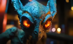 an alien like creature with glowing orange eyes stands in a city