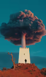 a person standing on top of a hill with a huge cloud