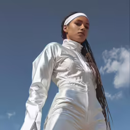 a woman in white is posing for the camera