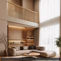 large contemporary living room with floor - to - ceiling beige curtained windows