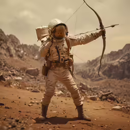 an adult dressed in military gear holding an arrow