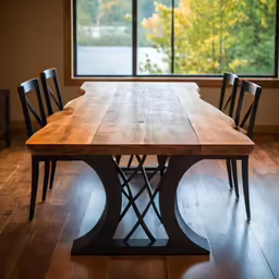 a dining table set next to an open window in front of it