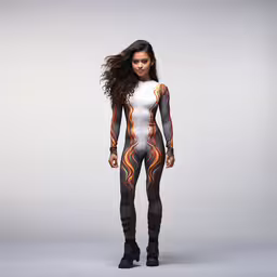 the woman is wearing a bodysuit with an artistic pattern on it,an illustrated woman in a white and black body suit