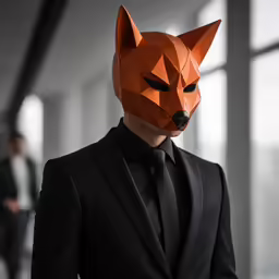 a person wearing a suit and orange paper mask