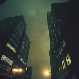 an empty street is lit up by some buildings