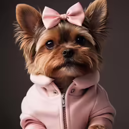 the small dog is dressed up in pink