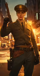 a woman in uniform stands on the sidewalk holding a gun,woman in uniform holding guns while posing
