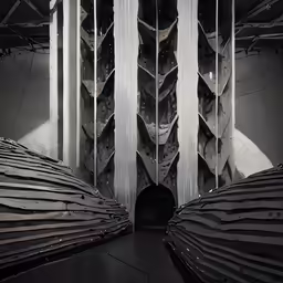 three rows of folded sheet furniture in a large room