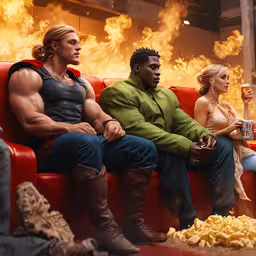 three people sitting on a red couch in front of a bunch of fireworks,three people are sitting on a couch and drinking sodas in front of them