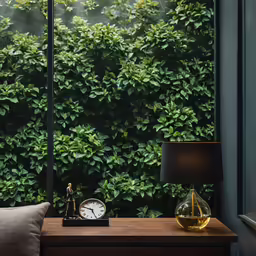 a clock sits beside a lamp on the nightstand in front of the window