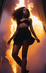 a woman with a flame behind her and the fire