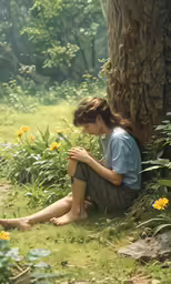 a girl sitting in front of a tree in the woods