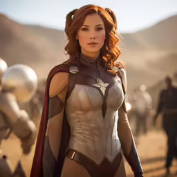 a woman in costume with a group of people in the background