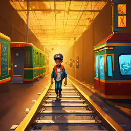 a boy walking across train tracks next to other train tracks,a boy walks down the train tracks to a subway