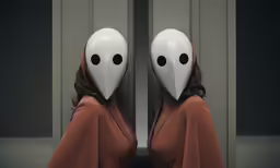 the girl is wearing a mask with a surprised look on her face