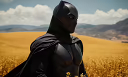 a man wearing batman costume in a wheatfield