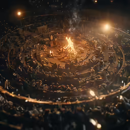 an auditorium with people sitting around the fire pit