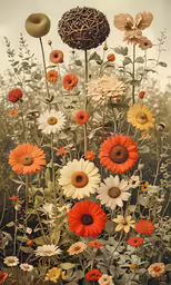 many different flowers with an insect nest in the middle
