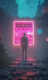 a man standing in the rain near an advertisement