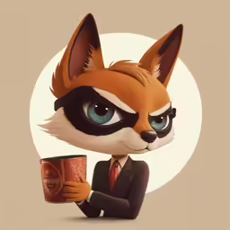 a cartoon character dressed up like a fox with a cup