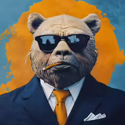 an animal dressed in a suit and tie with sunglasses