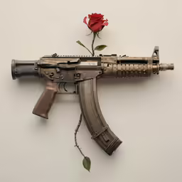 an ak - 47 rifle with the barrel down, and a rose placed on it