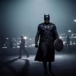 a batman walks in the dark with people walking on the side